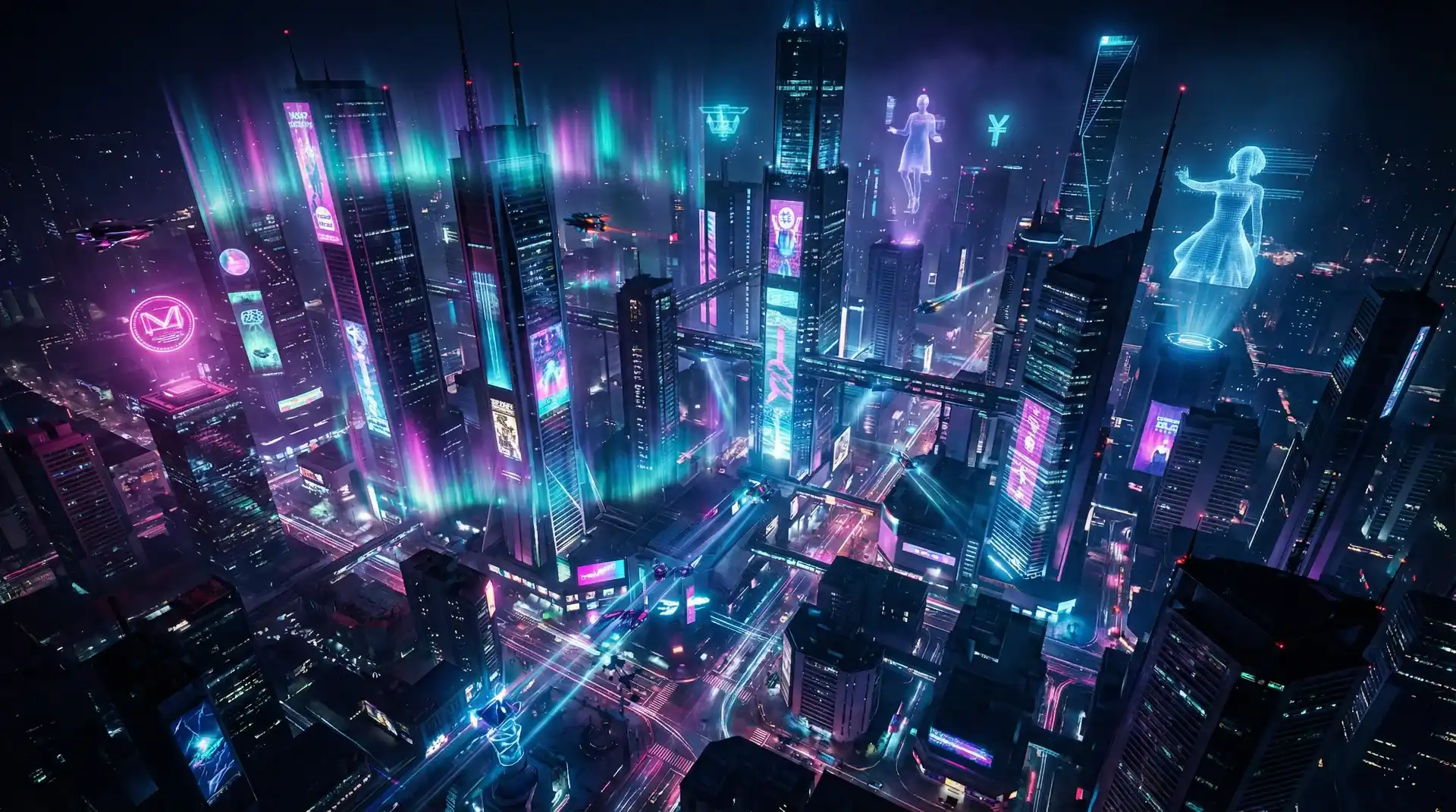 j9会 - 赛博朋克未来都市夜景极光渐变